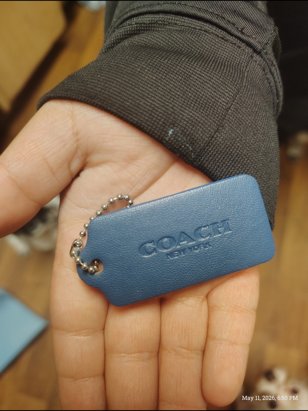 Coach Blue Leather Dog Tag Key Charm with Silver Chain